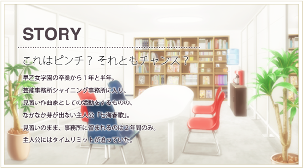 STORY／これはピンチ？それともチャンス？―早乙女学園の卒業から1年と半年。芸能事務所シャイニング事務所に入り、見習い作曲家としての活動をするものの、なかなか芽が出ない主人公「七海春歌」。見習いのまま、事務所に留まれるのは2年間のみ。主人公にはタイムリミットが迫っていた。