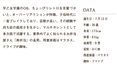 早乙女学園のOB。ちょっぴりレトロな言葉づかいと、オーバーリアクションが特徴。子役時代に一度ブレイクしており、芸歴が長い。その経験や持ち前の器用さを生かし、マルチタレントとして多方面で活躍する。業界内でよく知られるお弁当屋さん「寿弁当」の長男。得意楽器はマラカス。ドライブが趣味。