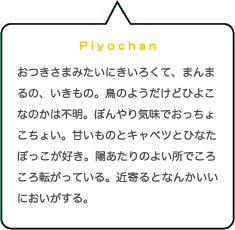 Piyochan｜おつきさまみたいにきいろくて、まんまるの、いきもの。鳥のようだけどひよこなのかは不明。ぼんやり気味でおっちょこちょい。甘いものとキャベツとひなたぼっこが好き。陽あたりのよい所でころころ転がっている。近寄るとなんかいいにおいがする。