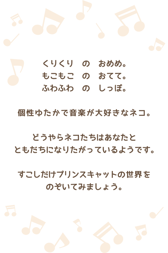 くりくり　の　おめめ。もこもこ　の　おてて。ふわふわ　の　しっぽ。個性ゆたかで音楽がだいすきなネコ。どうやらネコたちはあなたとともだちになりたがっているようです。すこしだけプリンスキャットの世界をのぞいてみましょう。